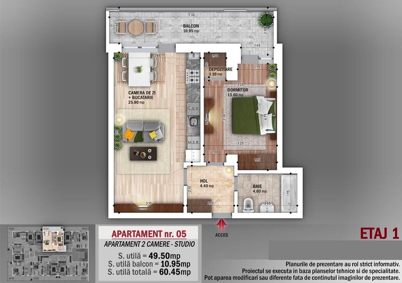 Nicolae Grigorescu, apartament 2 camere cu balcon generos, 60 mp totali